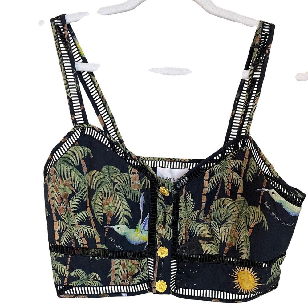 Hayley Menzies Size S Beija-Flor Cropped Top‎ Black Palms Bird Missing Button